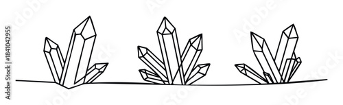 Three clusters of geometric crystal shapes outlined in black, arranged in a horizontal line, perfect for use in decorative graphics and spiritual wellness content