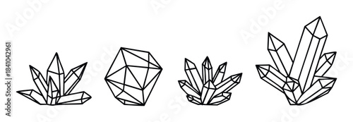 Collection of geometric crystal clusters and single multifaceted gems, perfect for use in spiritual, wellness, or abstract graphic projects.