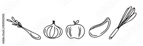 Hand drawn line art collection of kitchen utensils and food items like a whisk, apple, garlic, and spoon for culinary graphics and recipes