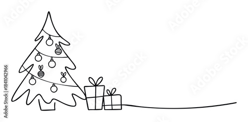 Minimalist black line drawing of a decorated Christmas tree with gift boxes and a ribbon extending across a plain background, perfect for festive holiday season greetings and New Year