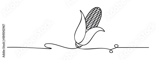 Single continuous line drawing of a single ear of corn with husks and kernels, suitable for agriculture or food related projects.
