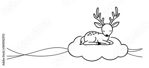 Cute sleeping fawn with antlers resting on a cloud, perfect for baby shower invitations, childrens books, and holiday decorations.