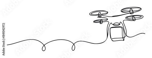 Single line drawing of a drone with rotors extended and a swirling line extending to the left, perfect for technology or innovation concepts.