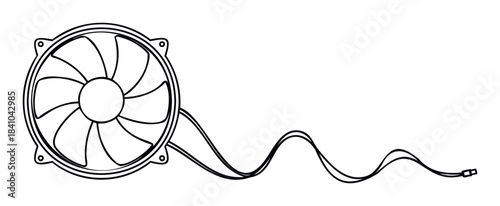 Cooling fan with blades and power cable for electronic devices, representing airflow and technology used in computers and electronics for cooling solutions and device operation