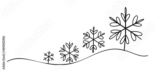 Simple line drawing of growing snowflakes on a wavy hill, perfect for winter themes, holiday seasons, and representing growth or change.