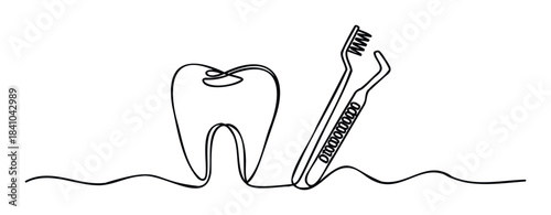 Single line drawing of a tooth with dental tools symbolizing oral hygiene and dental care represented as essential for health and wellness in medical promotions