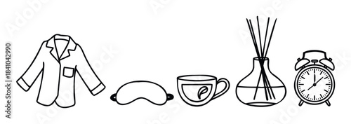 Collection of morning routine objects including pajamas sleep mask coffee cup reed diffuser and alarm clock symbolizing relaxation and waking up for use in lifestyle blogs and wellness