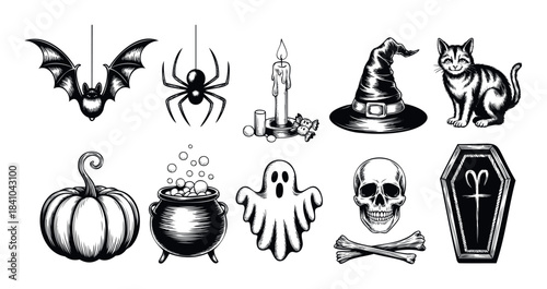 Spooky Halloween icons for horror themes including a bat, spider, ghost, pumpkin, witch hat, cat, skull, coffin, cauldron, candle, and bones suitable for holiday decorations and party