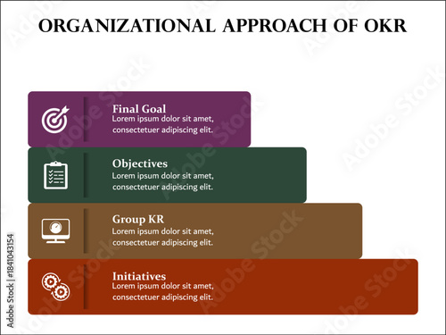 Organizational approach of Objective key results. Infographic template with icons and description placeholder