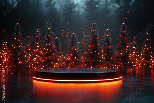 Christmas, New Year banner, mockup, podium, stairs, snowy decoration with red fabric background.