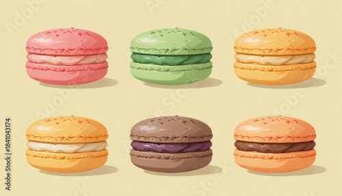 A set of flat colored macaroni cake illustrations on a plain background. 