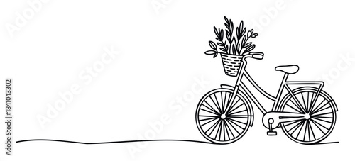 Line drawing of a bicycle with a basket of plants, perfect for themes of nature, travel, and ecofriendly transportation, suitable for lifestyle blogs and editorial use.