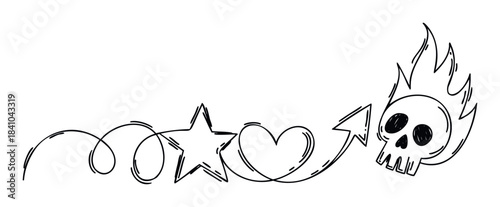 Cool sketchy line drawing of a winding path leading to a flaming skull with an arrow and heart, perfect for rock music or edgy themes