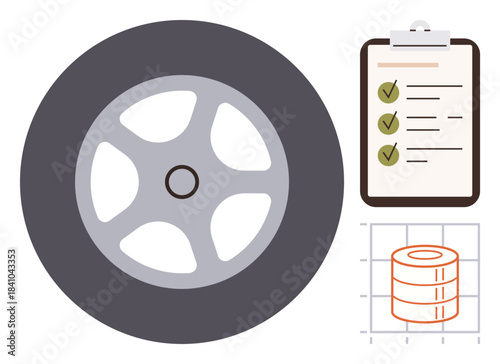 Wheel alongside a checklist with tick marks and a chart displaying data. Ideal for maintenance, performance analysis, quality control, productivity, planning, logistics, or simple flat metaphor