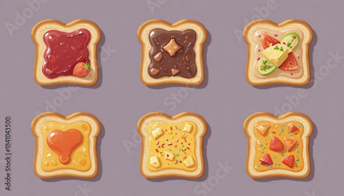 A set of illustrations of sliced white bread with various toppings