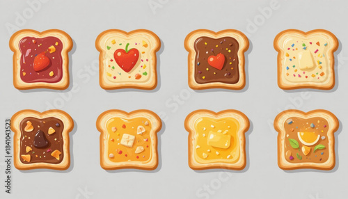 A set of illustrations of sliced white bread with various toppings