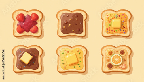 A set of illustrations of sliced white bread with various toppings