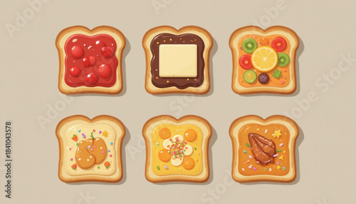 A set of illustrations of sliced white bread with various toppings