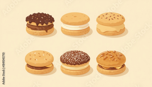 A set of flat colored biscuit illustrations on a plain background