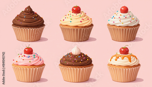 set of flat colored cupcakes on a plain background 