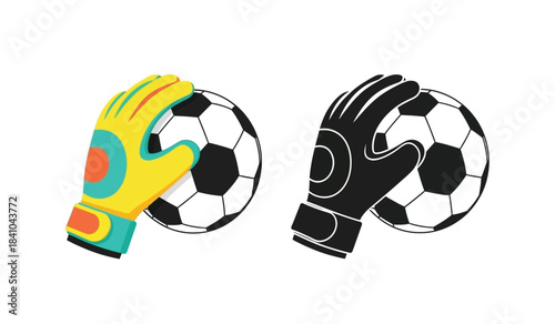 a colorful illustration depicts a yellow and a black goalkeeper glove alongside a classic black and white soccer ball showcasing sports equipment high quality professional