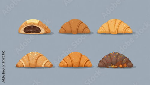 A set of flat colored croissant cake illustrations on a plain background.