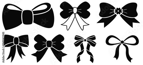 Ribbon bow icon set. Gift, present design elements. Holiday decoration concept. Vector illustration.