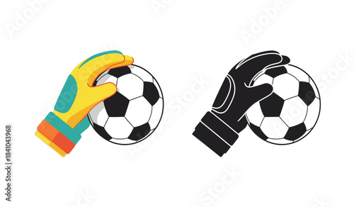 a colorful illustration depicts a yellow and black goalkeeper glove securing a classic soccer ball presented in both outlined and filled styles showcasing sports equipment