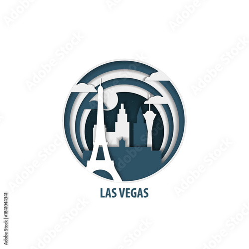 Las Vegas, Nevada USA paper cut, cityscape crafted vector illustration. Origami, layered art of city with skyline, buildings, landscape shape for sticker, badge, web, print