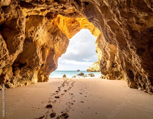 Inside a sunlit cave, a beach leads to the ocean