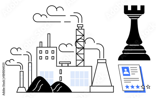Factory emitting smoke, highlighting industry and environment, chess piece for strategy, resume with rating. Ideal for business planning, environmental impact, job recruitment, industrial growth