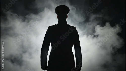 Silhouette of a figure in a military uniform standing in fog, evoking mystery and authority
