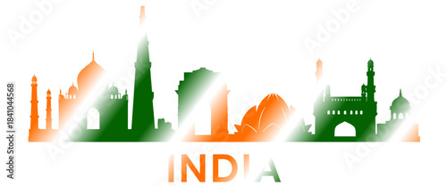 India skyline vector featuring iconic landmarks including Taj Mahal Qutub Minar India Gate Lotus Temple and Charminar in a tricolor gradient design on a transparent background