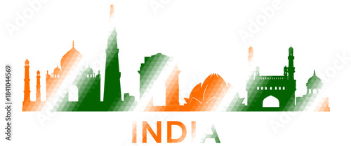 India skyline silhouette featuring famous landmarks in a tricolor gradient on a transparent background highlighting national monuments and modern vector style for patriotic and cultural themes.