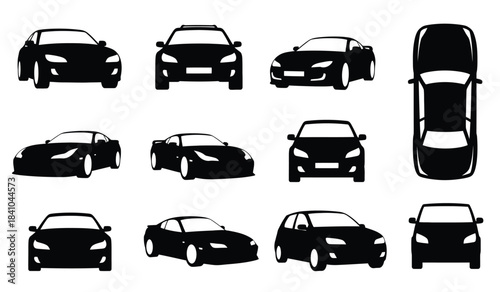 a collection of black silhouette car outlines displayed in various perspectives including front side and top views showcasing automotive design elements high quality professional detailed
