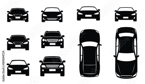 a collection of sleek modern vehicle silhouettes displayed in various perspectives including front side and top views presented in a monochrome style high quality professional