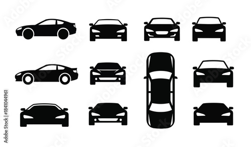 a collection of monochrome vehicle silhouettes showcasing various perspectives including top front side and rear views presenting a diverse automotive design study high quality professional