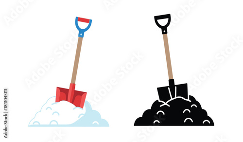 a detailed illustration showcases two shovels one in vibrant color and the other in monochrome positioned with piles of earth beneath them offering a visual