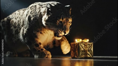 Snow leopard curiously inspecting a golden gift box in a dimly lit environment with shadows