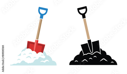 a detailed illustration showcases two garden shovels one rendered in vibrant color and the other in stark black and white alongside piles of soil