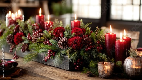 Elegant Christmas Table Centerpiece with Red Roses, Candles, and Pine Cones Perfect for Holiday Celebrations and Gatherings