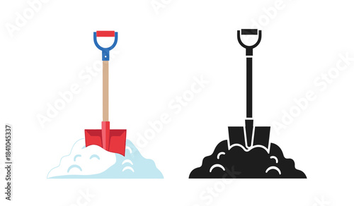 a visual comparison is presented depicting a colorful shovel with snow and a monochrome outline version of the same tool illustrating contrasting styles high quality
