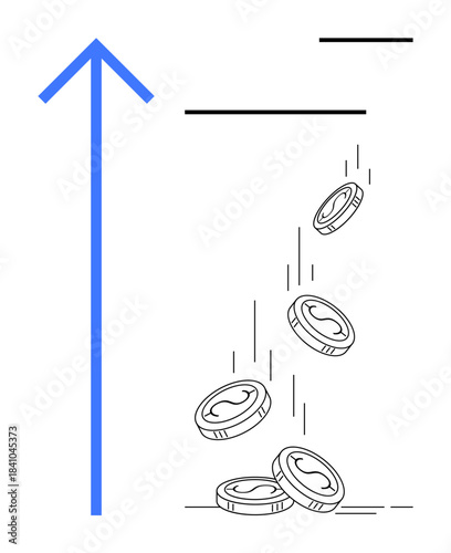 Business growth, finance trends, investment gains, wealth creation, profitability increase, money management. Blue upward arrow and coins falling. Business growth and finance trends concept