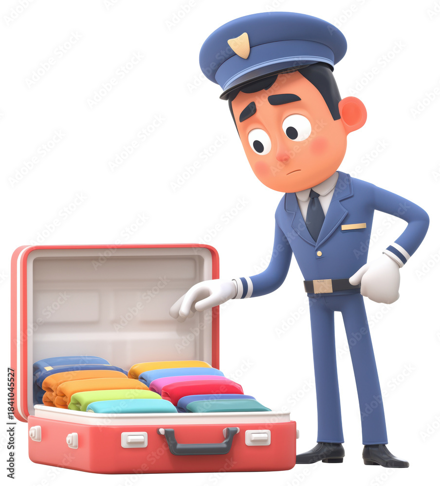 Obraz premium Bag search by airport officer shows colorful packed clothes in suitcase during security check isolated on transparent background.