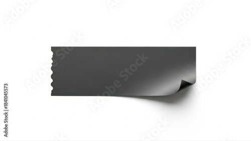 Black sticky ticket with curled corner isolated on white background, showcasing minimalistic design and clean composition