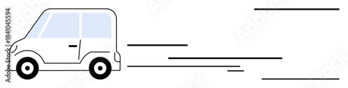 White compact car in motion with speed lines emphasizing velocity and movement. Ideal for transportation, speed, delivery, efficiency, modern urban life, sustainability, simple flat metaphor
