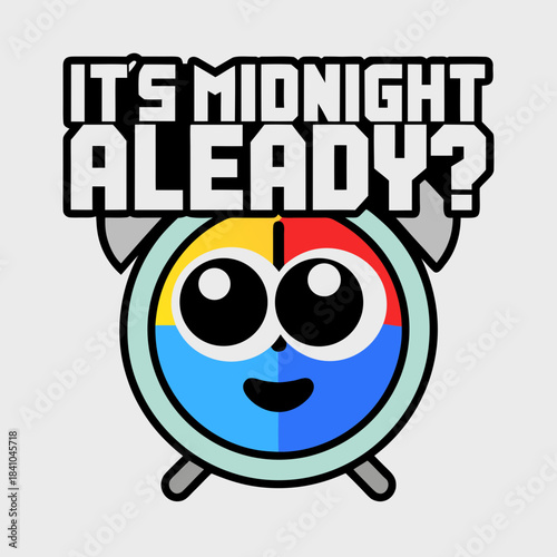 Cute cartoon clock with tired eyes asking its midnight