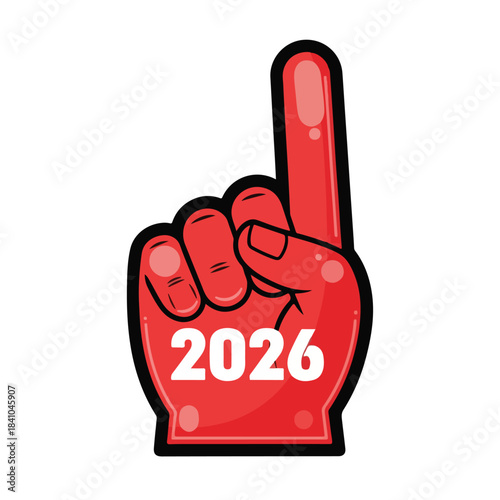 A red foam finger with the year 2026 written on it, pointing upwards, against a clean white background with a bold and celebratory mood, related to the world cup.