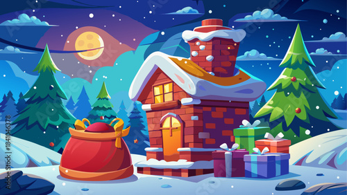 Christmas gifts overflowing from Santa’s classic red sack beside a brick chimney, set in a sparkling snowy winter landscape with shimmering frost, soft light, and magical holiday charm