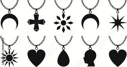 Collection of black necklace pendant shapes and chains minimalist black and white

